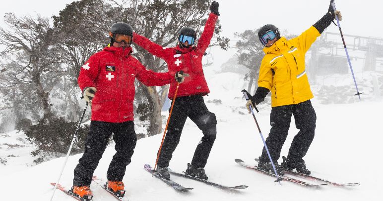 Skiers enjoying fresh snowfall at Perisher